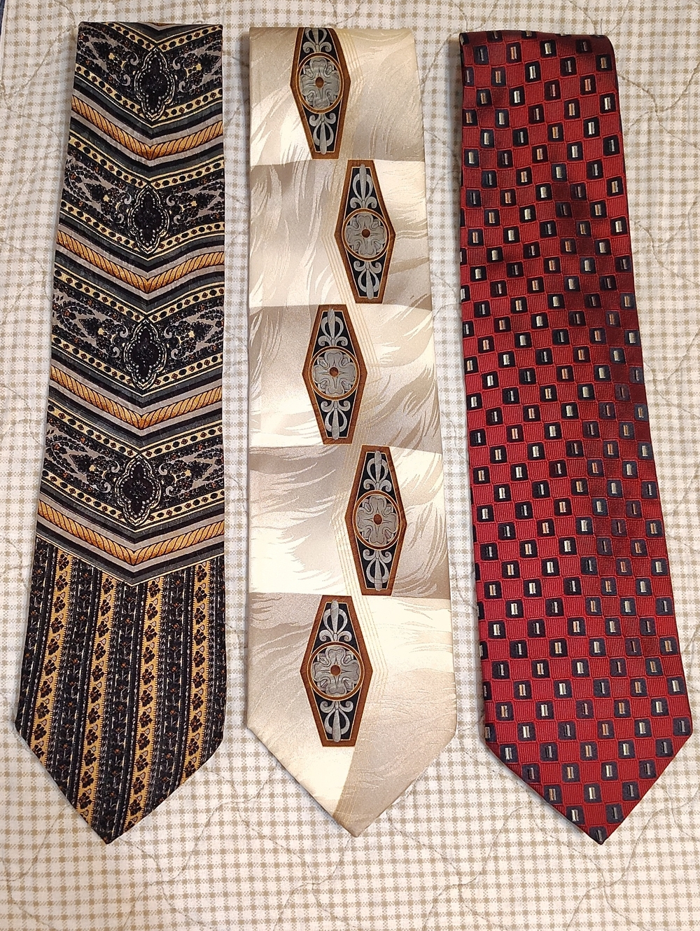 Ganni Men's Tie Set — Red, Cream, Black Patterned Neckties